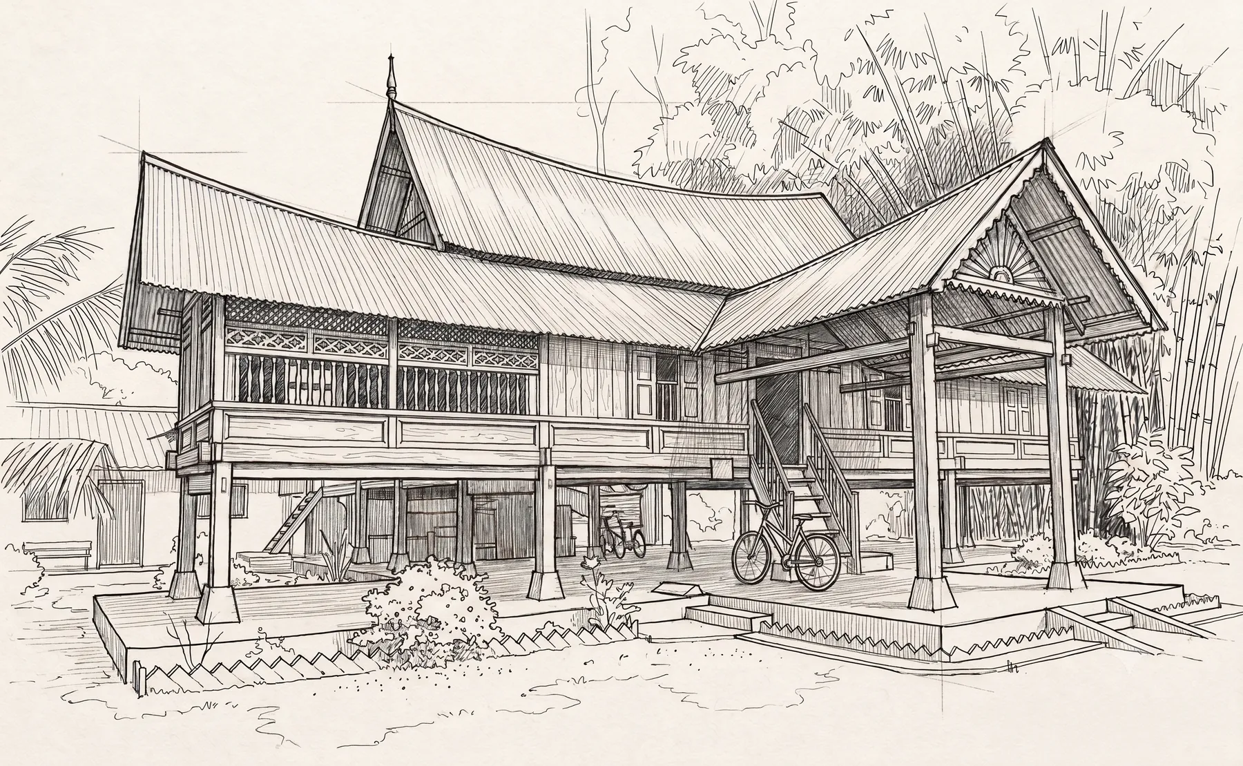 Rumah tradisional Negeri Sembilan dengan bumbung khas berpengaruh Minangkabau